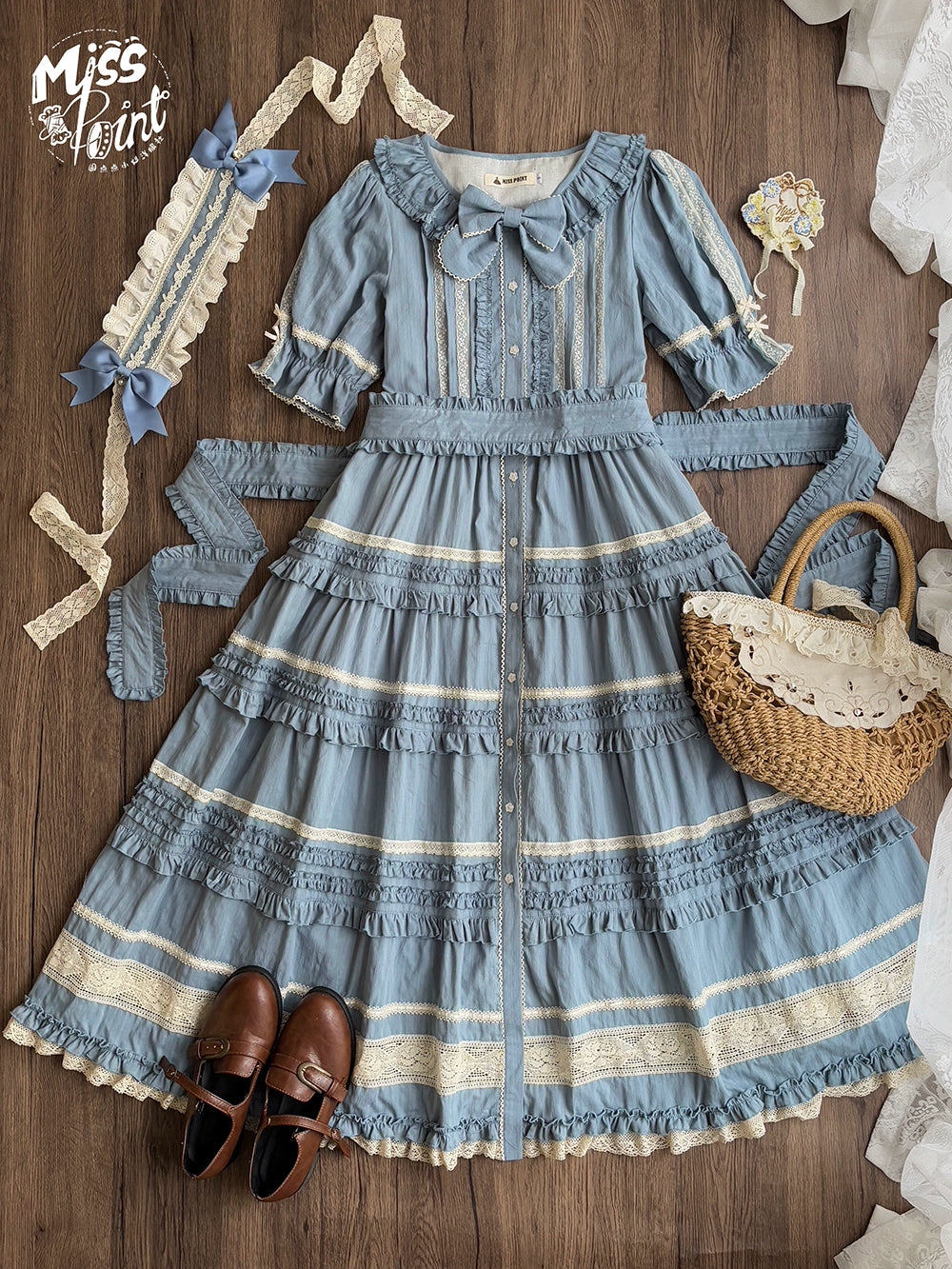 Miss Point~Cat Rose Tea~Elegant Lolita OP Open-front Short Sleeve Tiered Dress 42135:727808