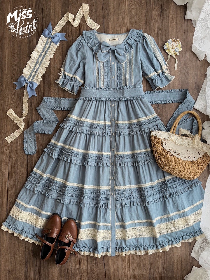 Miss Point~Cat Rose Tea~Elegant Lolita OP Open-front Short Sleeve Tiered Dress 42135:727354