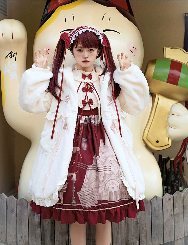 ZhiJinYuan~Sweet Lolita Coat Thickened Fluffy Bunny Ears Long Overcoat   
