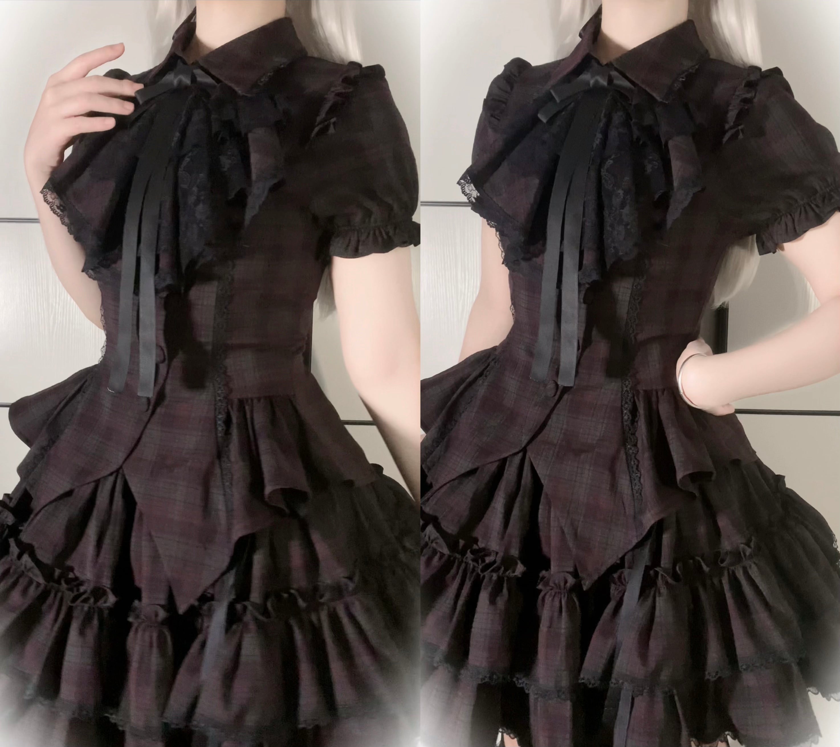 Lyra Nocturne - Gothic Lolita Slanted Placket Shirt Set, Plaid or Striped