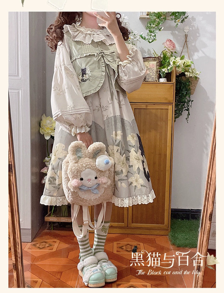 Akiyama Future Studio~Black Cat and Lily~Loose Kawaii Lolita OP Dress with Vest and Hat