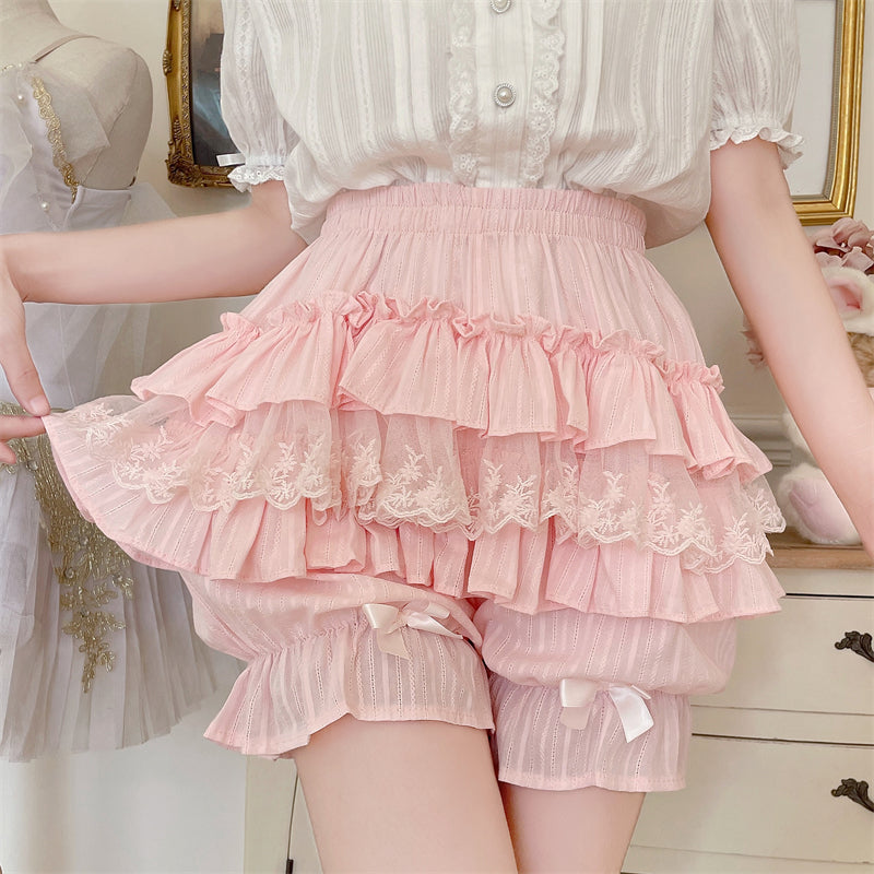 Sugar Girl - Cotton Sweet Lolita Bloomers, Tiered Ruffle Pink One Size
