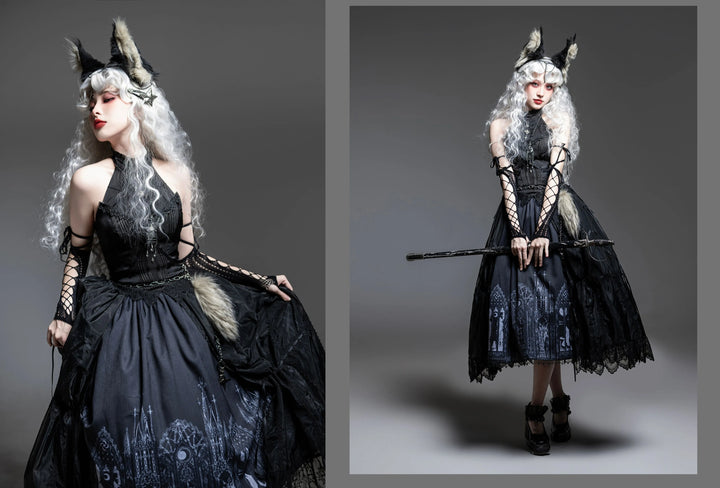 Wuyuzhe~Wolf Hunter~Gothic Lolita SK Set Halter Overskirt Cape Vest   