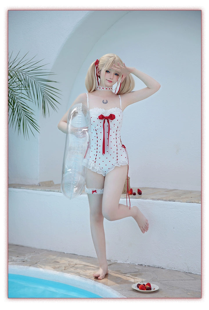 Tan Tuan~Heartbeat Melody~Red & White Lolita-Inspired Swimsuit Set 42997:761413