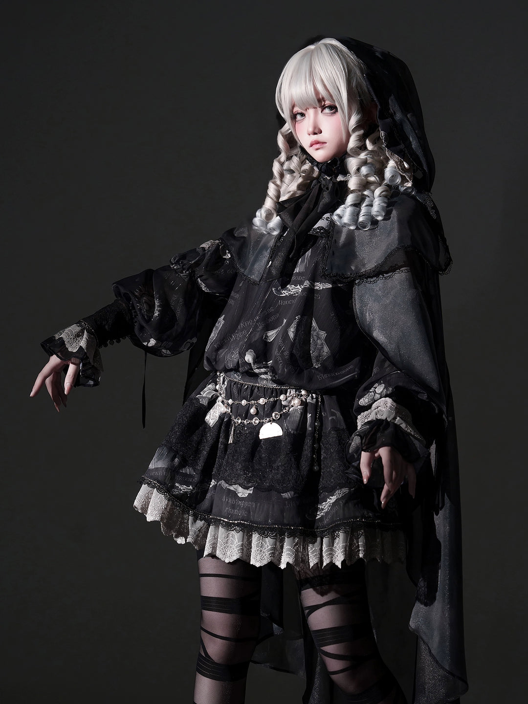 Sing a lullaby for you~Believer~IP Collab Gothic Lolita OP Dress Set Printed Hooded cape   