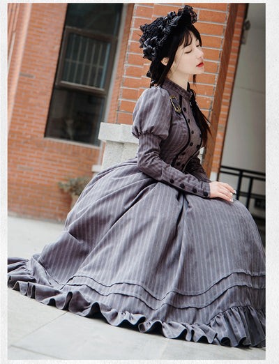 With PUJI~Vintage Lolita OP Navy Blue Dress   