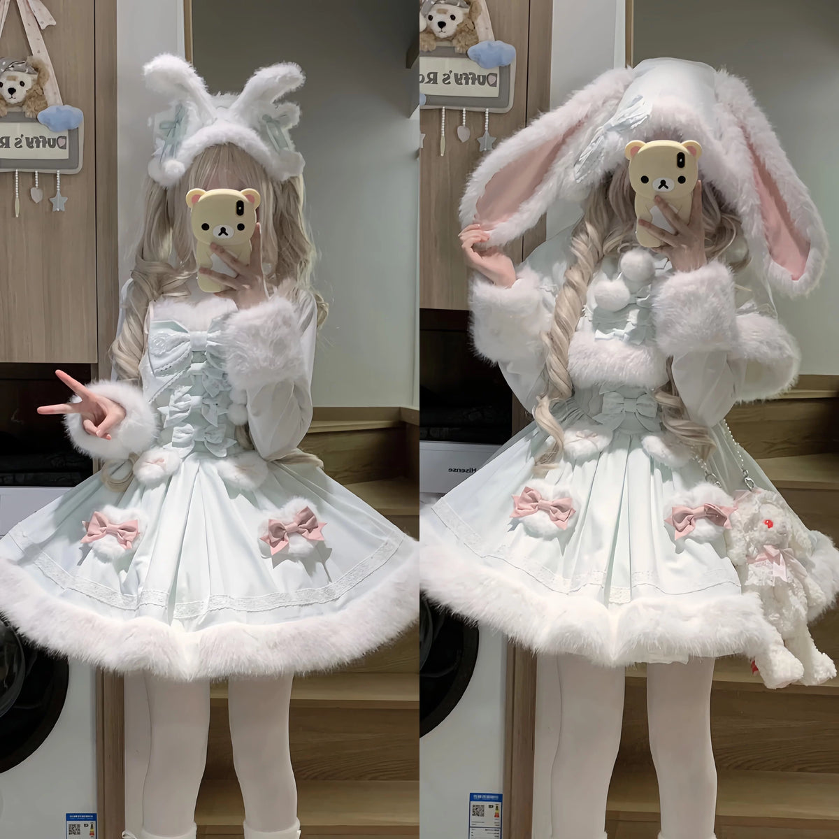 Sweet Dream Bunny - Sweet Lolita Cape & JSK Dress Set, Faux Fur Bunny Ear