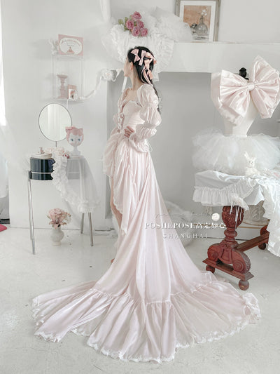 POSHEPOSE~Water Color Cherry~Gorgeous Blue Lolita JSK Dress Summer Gown Dress XS Pink Organza Long Dress + Trailling + Narrow Straps 