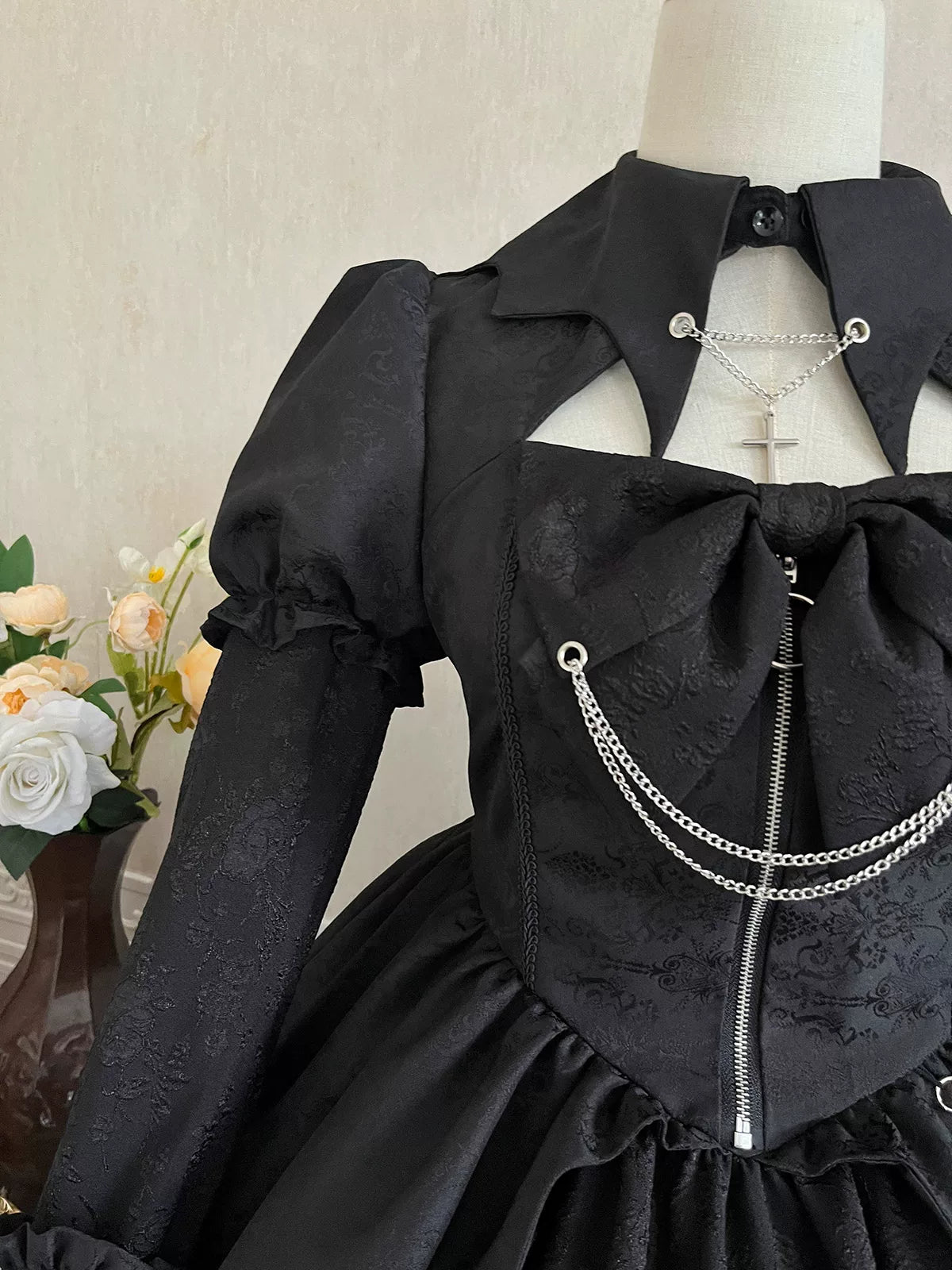 Darknight Creed - Gothic Lolita Jacquard OP, Irregular Hem & Cross Pendants 45847:865288