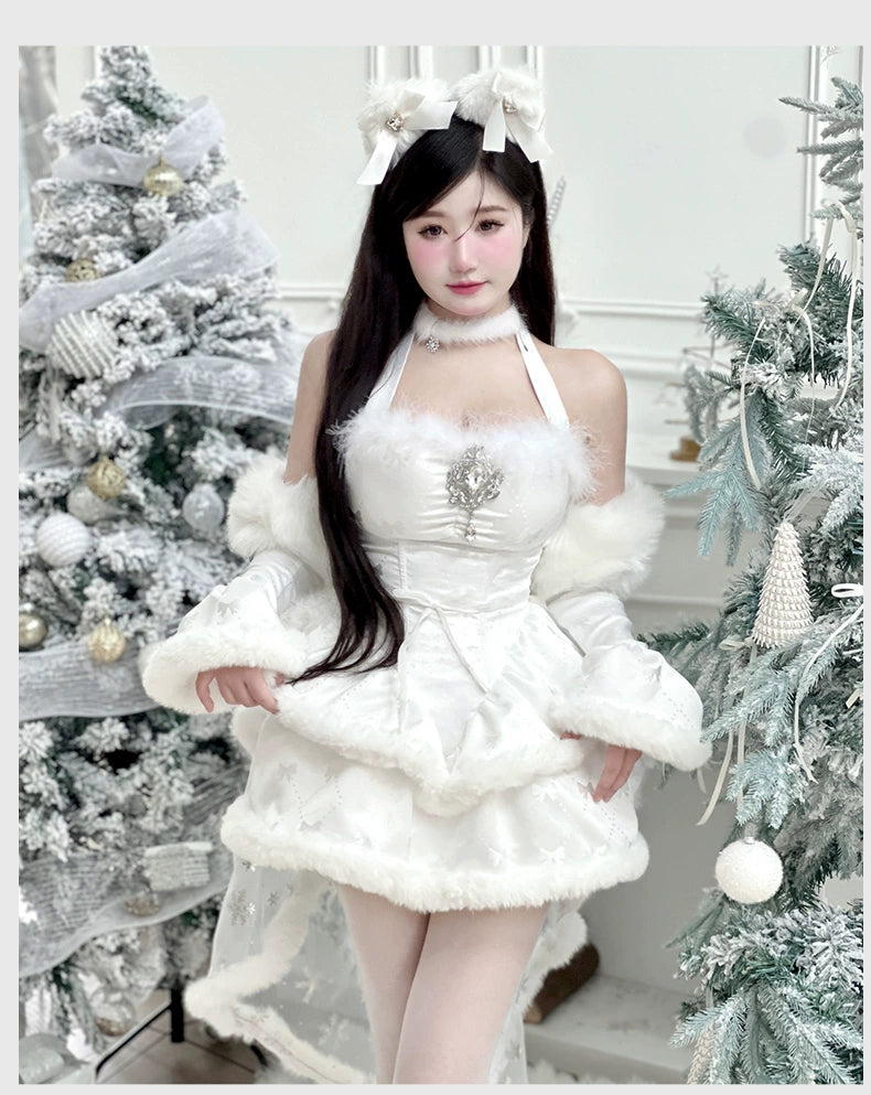 (BFM)Diamond Honey~Snow Country Elf~Elegant Lolita Dress Set with Plush Sparkling Diamonds free size white dress 