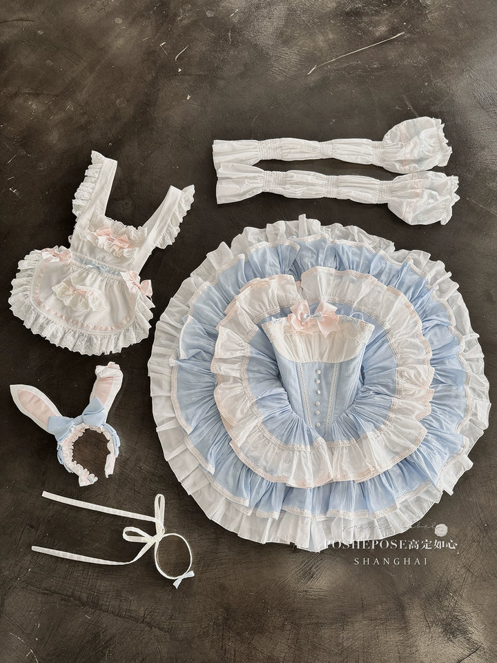 POSHEPOSE~Maid Bunny~Gorgeous Sweet Lolita OP Dress with Detachable Sleeves and Apron