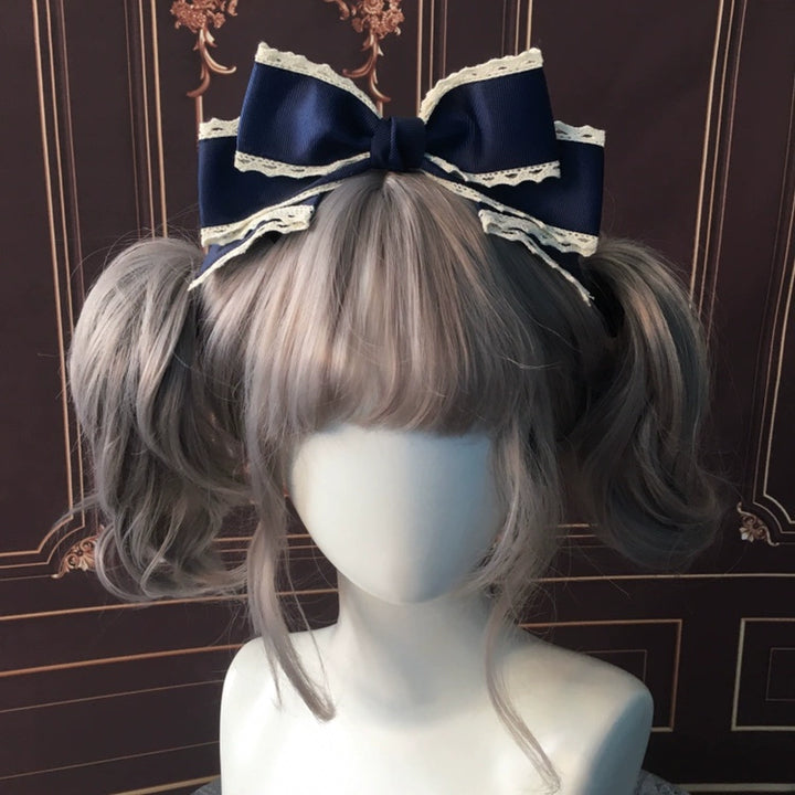 Qingyi Handmade~Sweet Lolita KC Multicolor Bow Lolita Headwear Navy blue with off-white lace  