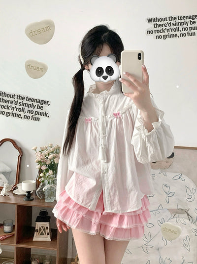 Sugar Girl~Kawaii Lolita Blouse Long Sleeve Bow Summer Shirt Pink Skirt   