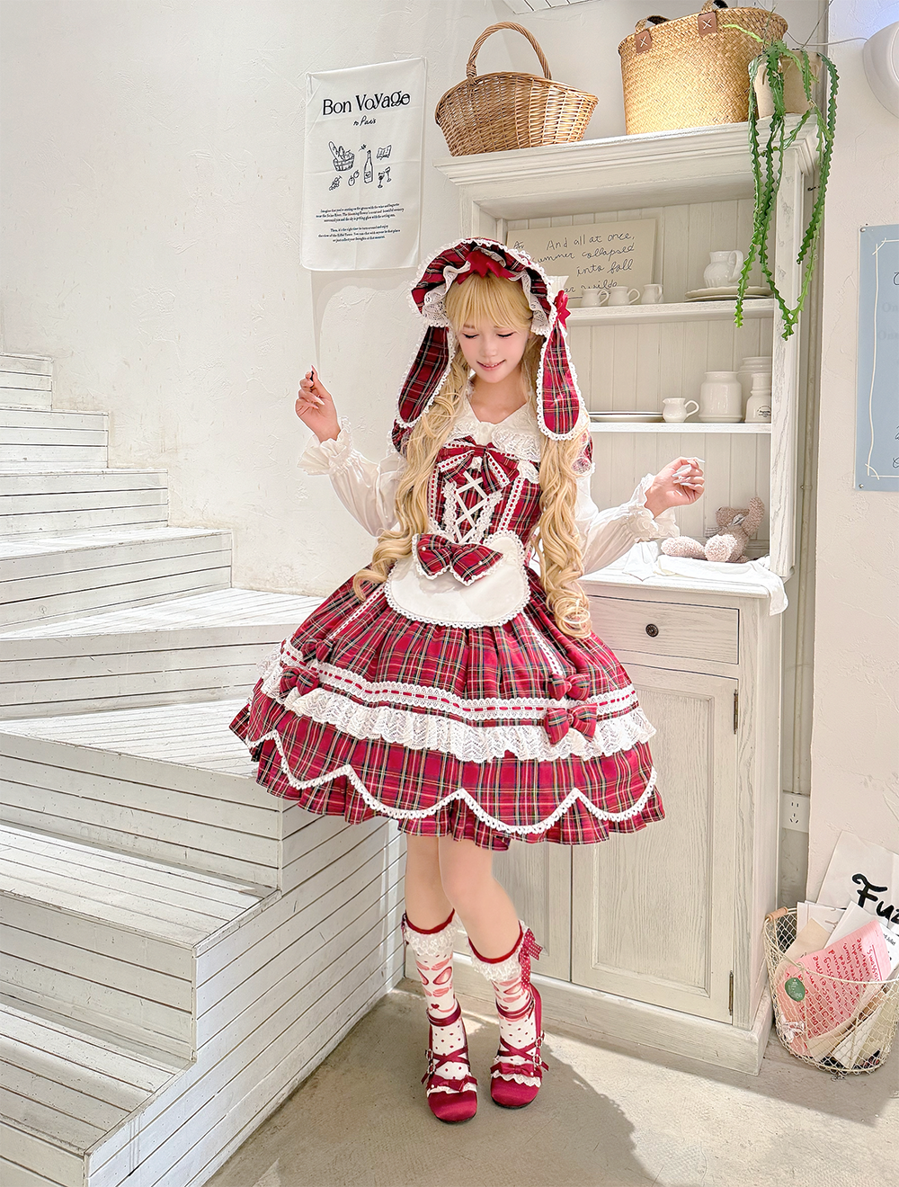 Plaid Petal Bunny - Old School Lolita Plaid OP Dress, Petal-shaped Hem 44673:818294