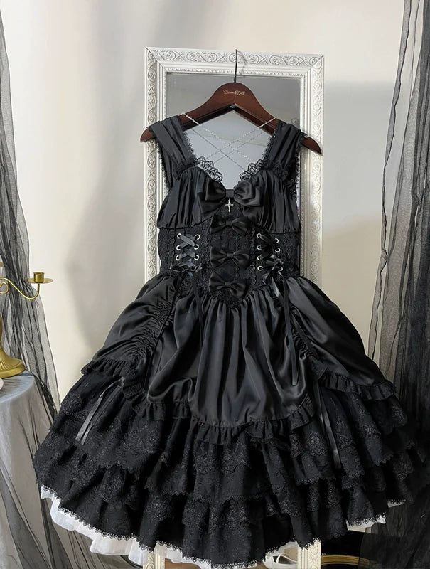 Hanguliang - Cross Medal - Black Gothic Lolita JSK, Tiered Skirt