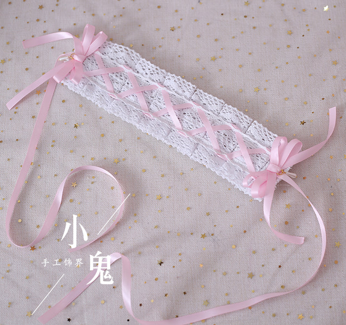 Xiaogui - Japanese Style Sweet Lolita Lace Headband Multicolors White Cotton + Light Pink