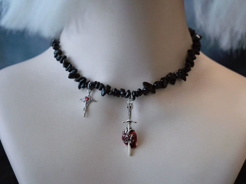Strange Sugar - Handmade Gothic Lolita Choker, Multiple Pendant Sword Through Heart Cross