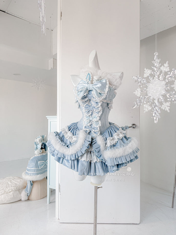 POSHEPOSE~Chuling Swan Lake~Sweet Lolita JSK Set Velvet Blue Dress for Prom