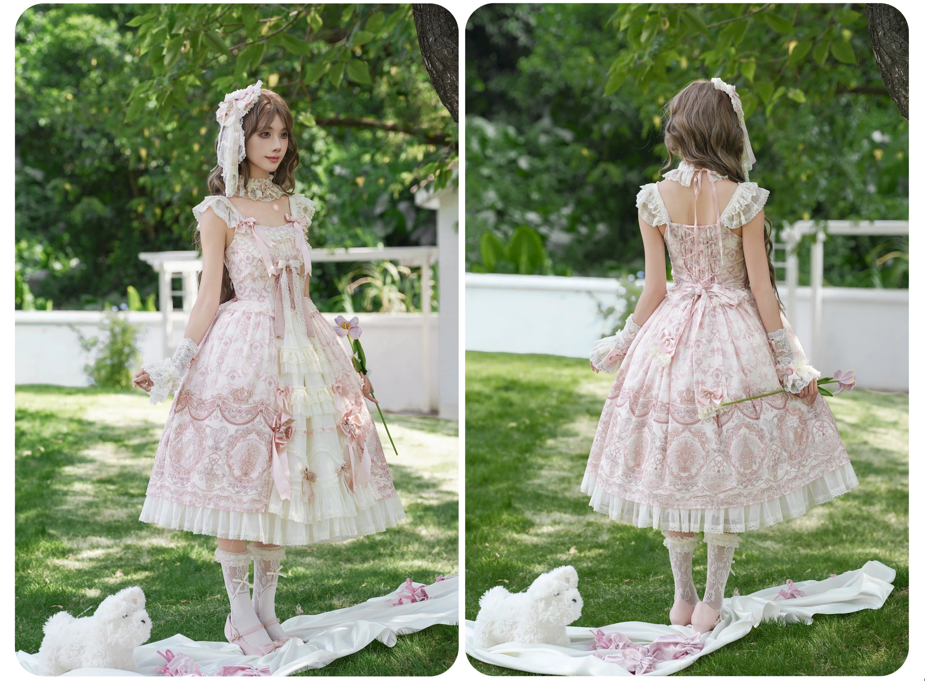 Rose Fragrance - Classic Lolita Lace JSK & OP Dress, Rose & Perfume Bottle Print 45850:865587