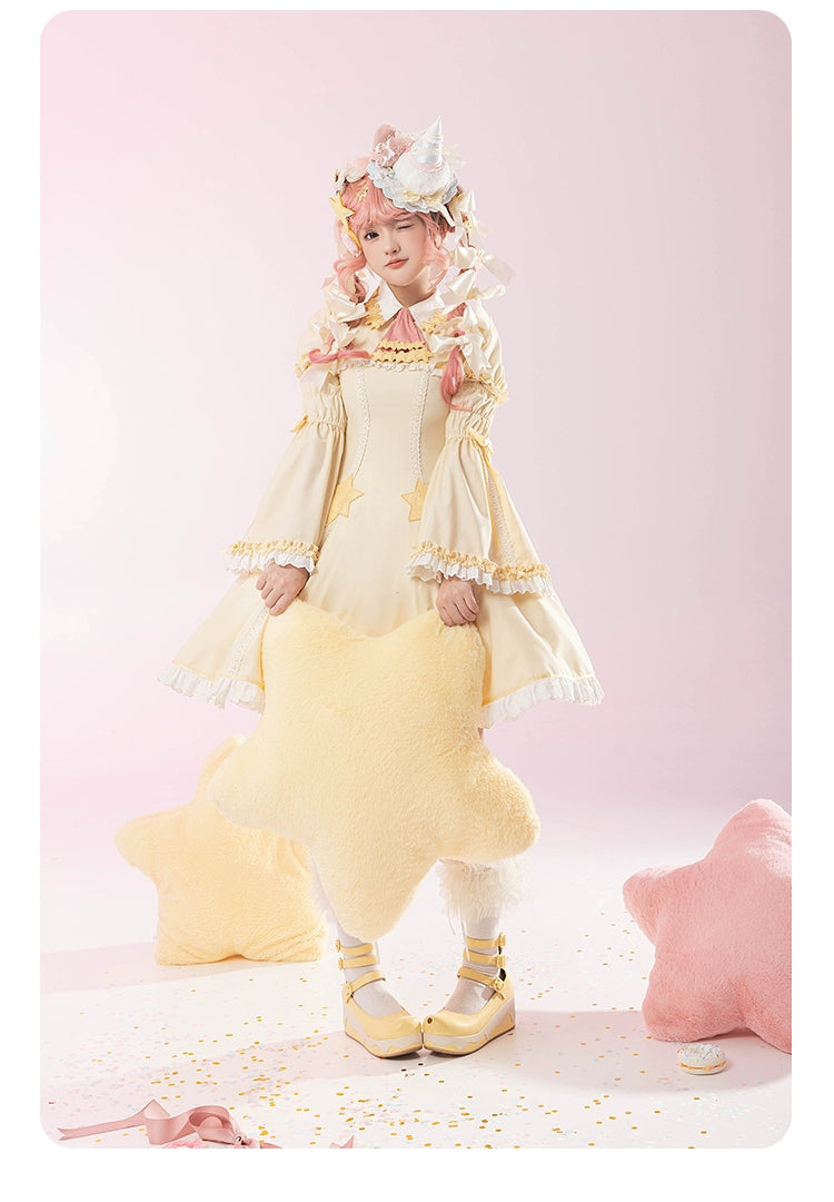 Summer Fairy~Sakura Collab Series~Yellow Lolita OP Dress Star Print   