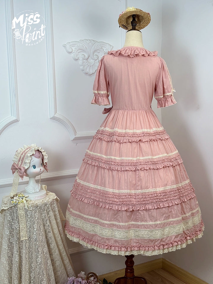 Miss Point~Cat Rose Tea~Elegant Lolita OP Open-front Short Sleeve Tiered Dress 42135:727840