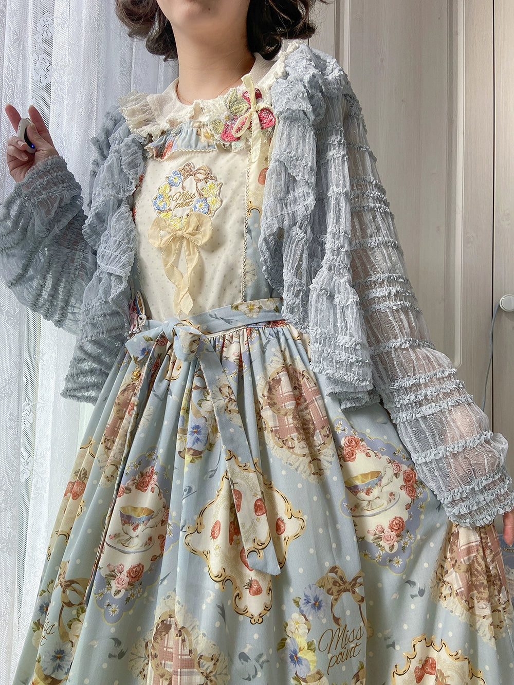 Miss Point~Cat and Rose Tea~Sweet Lolita Tulle Cardigan and Long Skirt Overlay 42141:728073