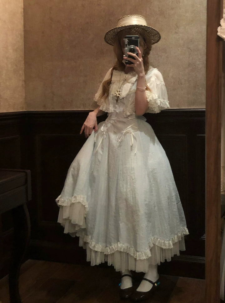Kuma~Little Wind Chime~Elegant Lolita OP Water Blue Dress With Decorative Tulle Cape
