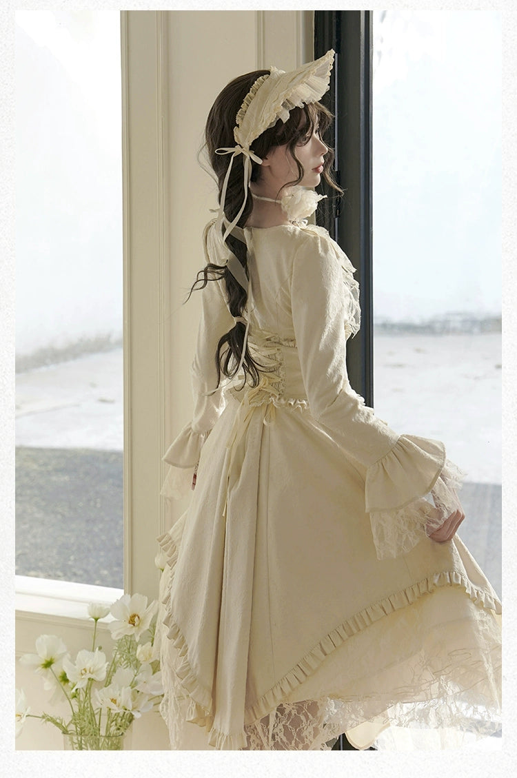 With PUJI~White Tea~Classic Lolita OP Dress with Irregular Design and Fishbone Waistband