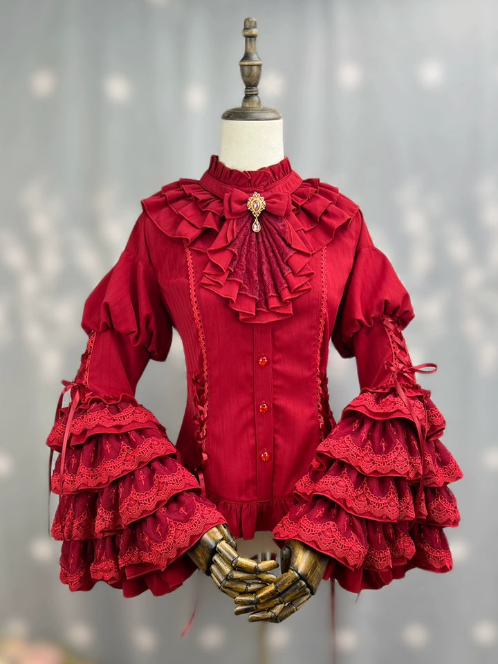 DMFS Lolita~Good and Evil Angel~Gothic Lolita SK Set Retro Princess Sleeve Blouse Burgundy Blouse Only S