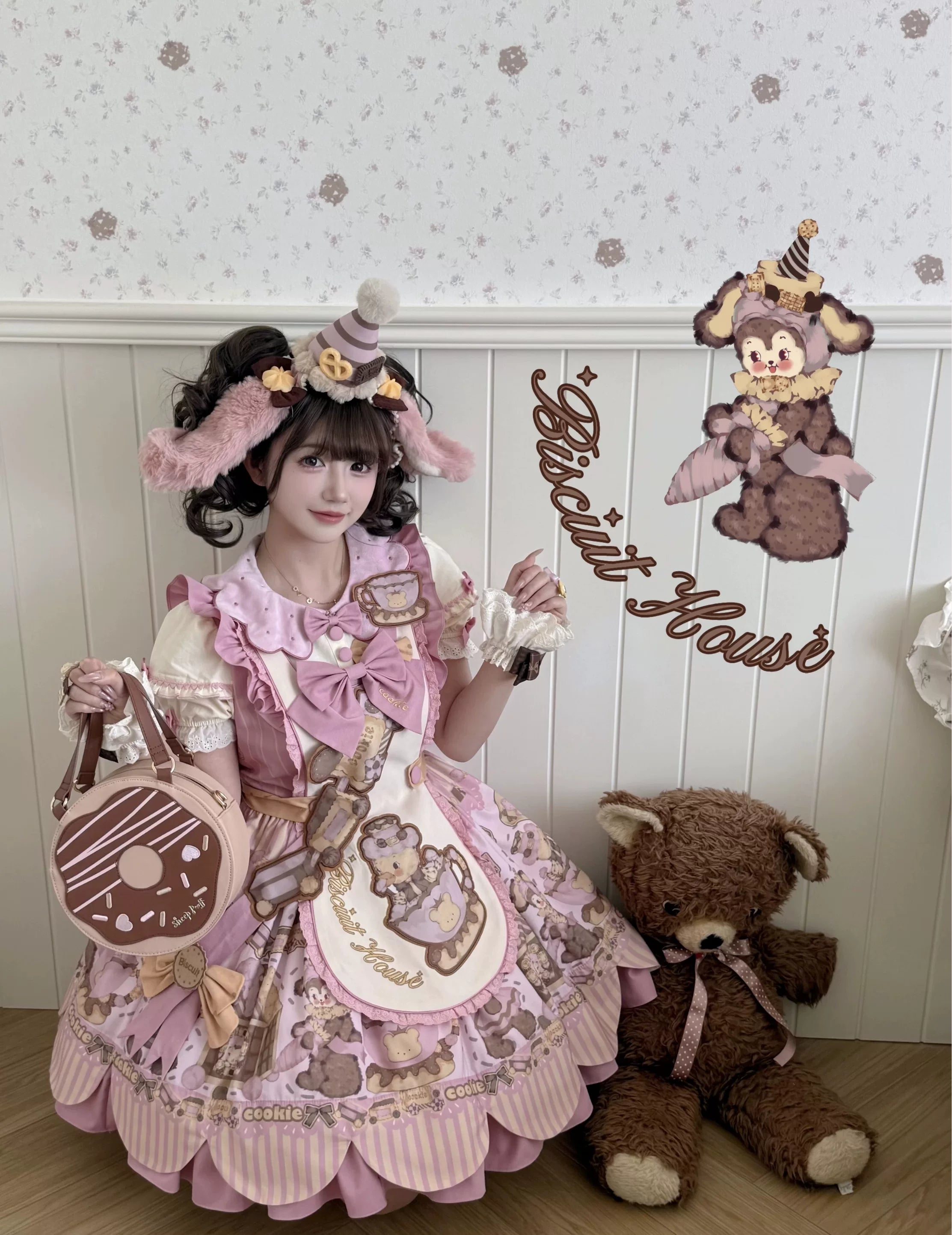 Bear Biscuit SP - Kawaii Lolita Bear Printed Dress Set with Bows