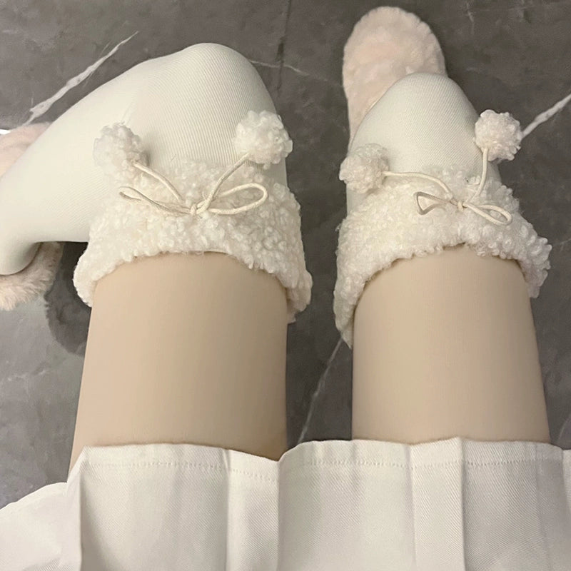 Hua Nai cat~Kawaii Winter Lolita Stockings Fuzzy Trim Furball Over-knee Socks Free size Cream white 
