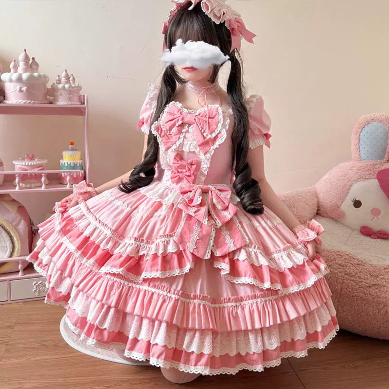 Hanguliang~Showa Flower Butterfly~Pink Sweet Lolita OP Dress With Bows & Lace Trim