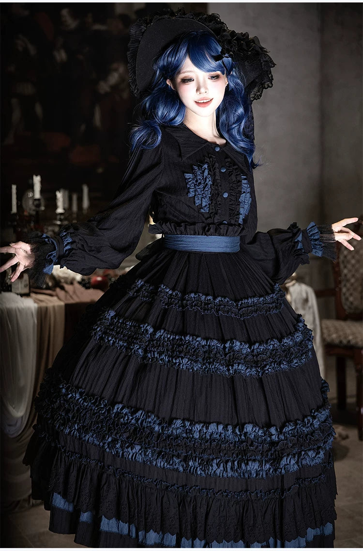 Wings and Bouquet - Dark Classic Lolita Blouse and SK Set, Layered Blue Ruffles 45680:858297