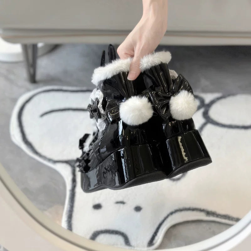 Bunny Tail - Fuzzy Kawaii Lolita Snow Boots, Detachable Plush Bow 44447:808609
