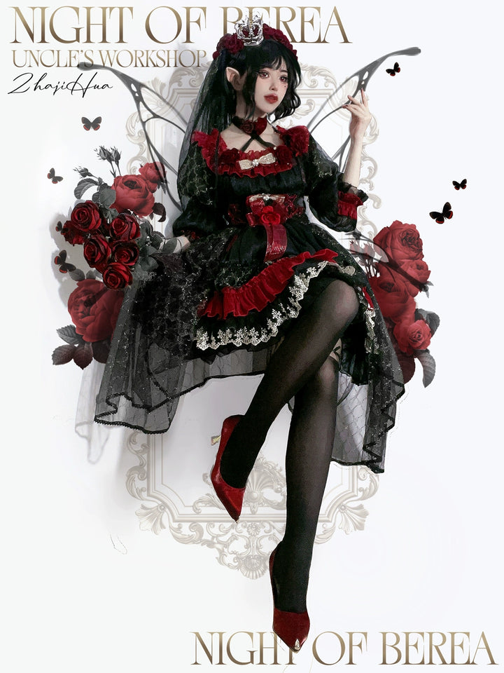 Uncle Wall Original~Night of Berea~Gothic Lolita OP Black and Red Lolita Dress