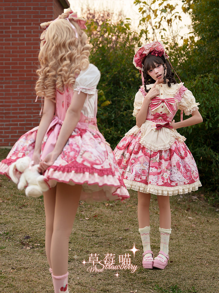 Mewroco~Strawberry Cat~Sweet Lolita Dress Suit JSK and Salopette with Cat Prints