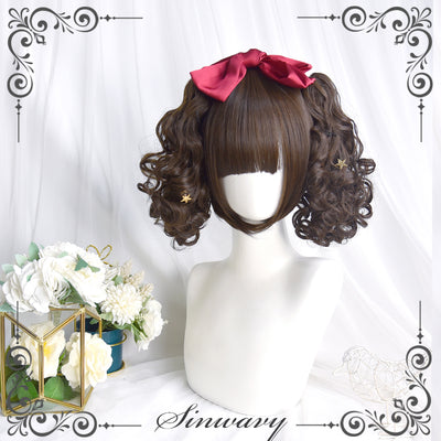 Sinwavy~Pandora's Box~Lolita Short Wig with Cute Double Ponytails dark brown - doll curls, only a pair of ponytails  
