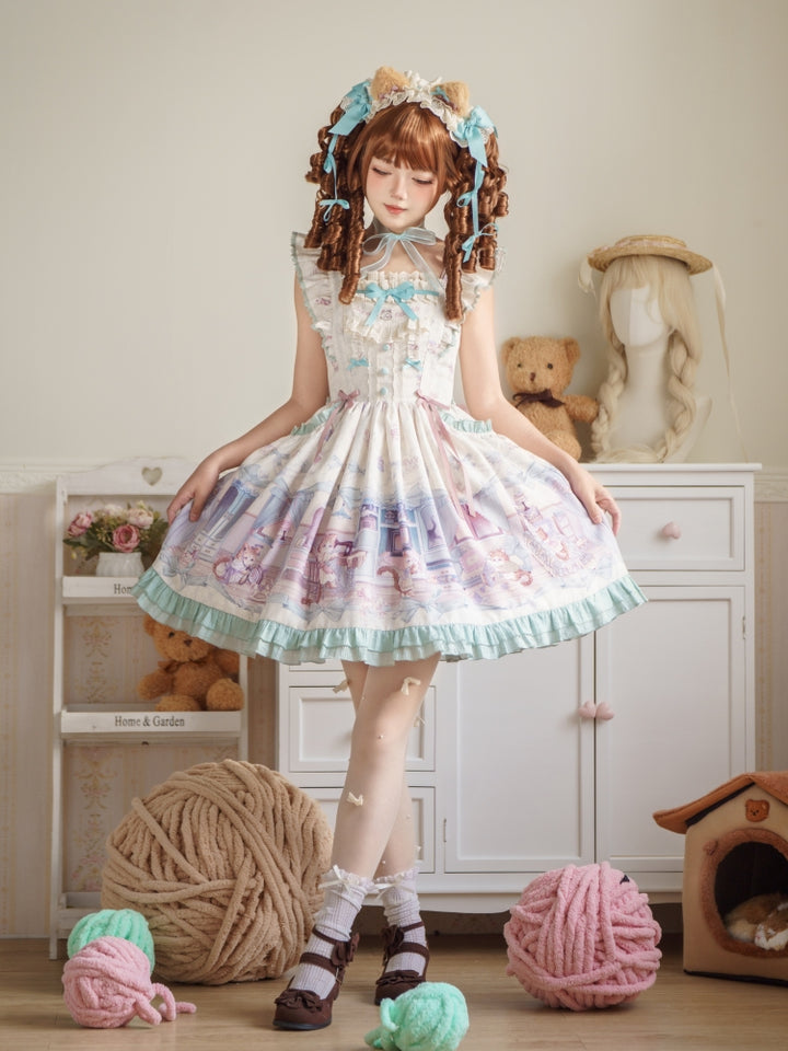 Baduoni~Dream Core Childhood~Kitty Printed Sweet Lolita JSK with Cute Headband