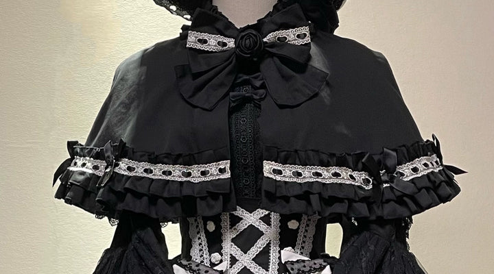 (BFM)Lost Aqua~Vintage Lolita Cape BNT XS Black and white cape