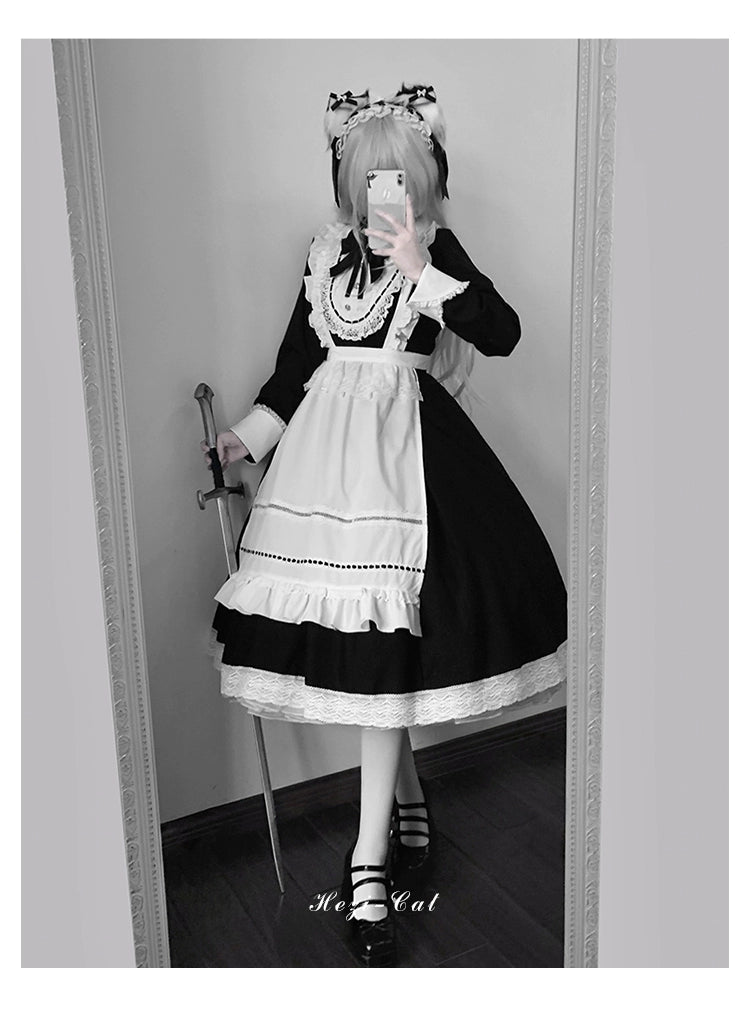 Hezi's Cat Haven~Black Cat Butler~Maid Lolita OP Dress Elegant Black and White Dress