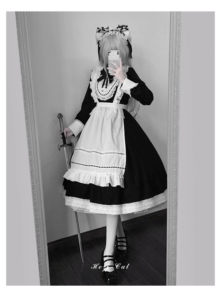 Hezi's Cat Haven~Black Cat Butler~Maid Lolita OP Dress Elegant Black and White Dress 40552:664736