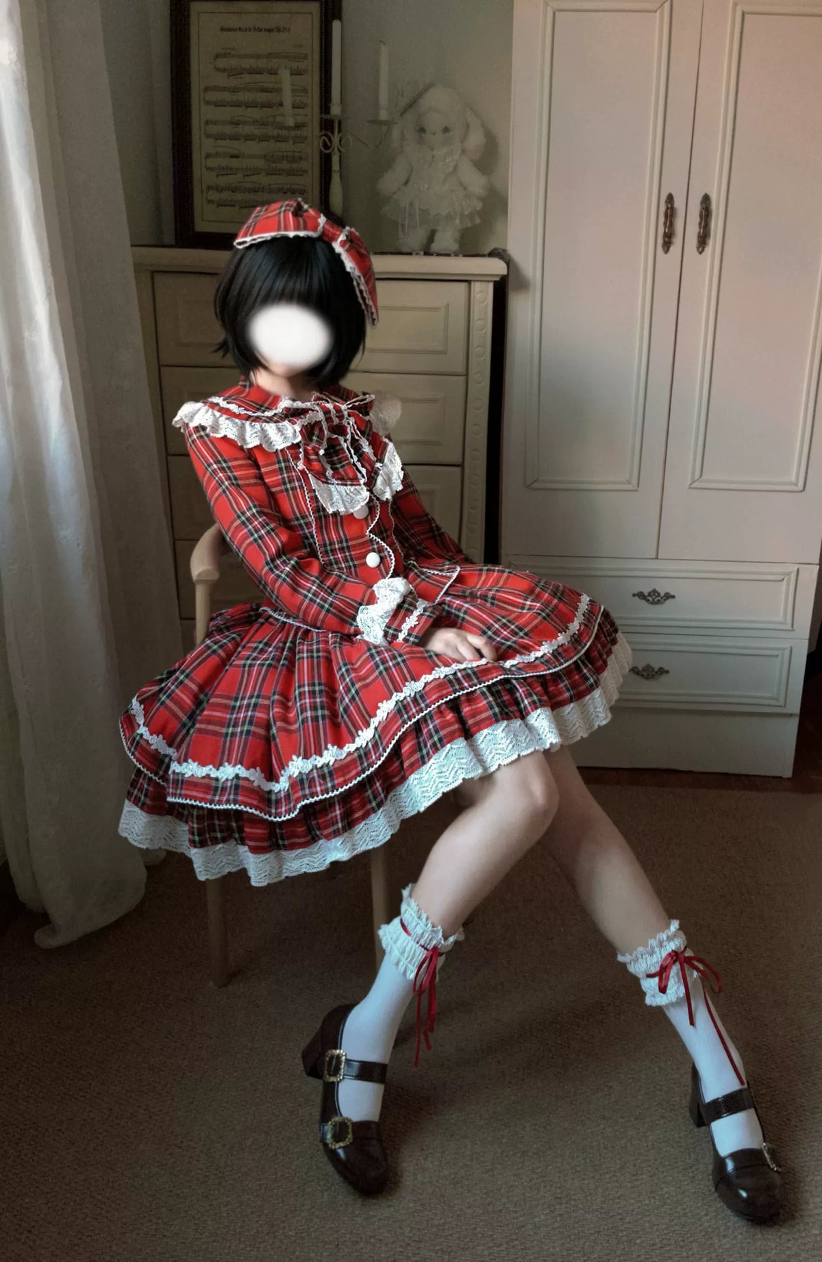Christmas Knot - Christmas Old School Lolita Jacket & Skirt Set, Red Plaid 46051:873309