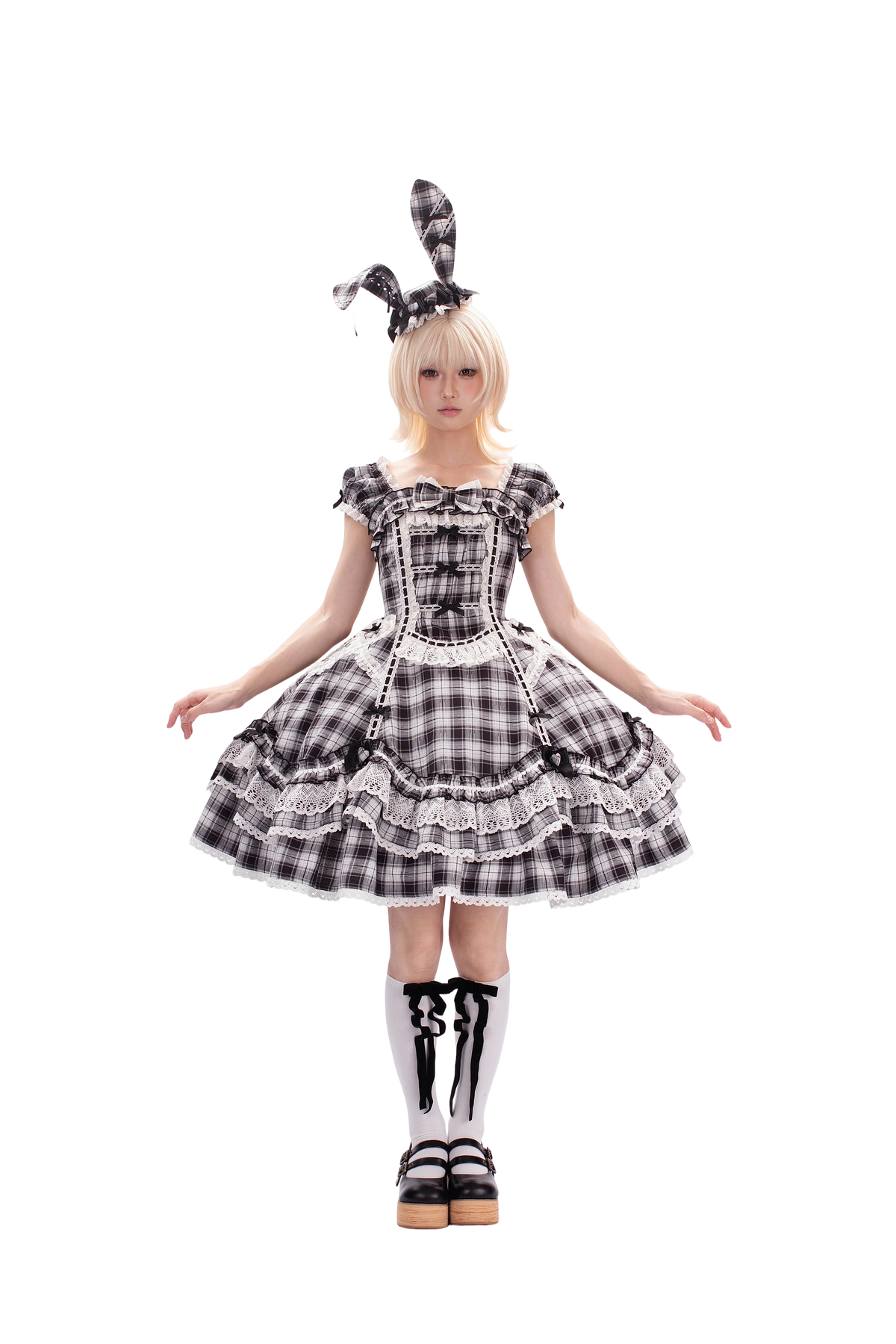 Plaid Lace Bunny - Old School Lolita Plaid OP Dress, Lace Trim 45992:871297