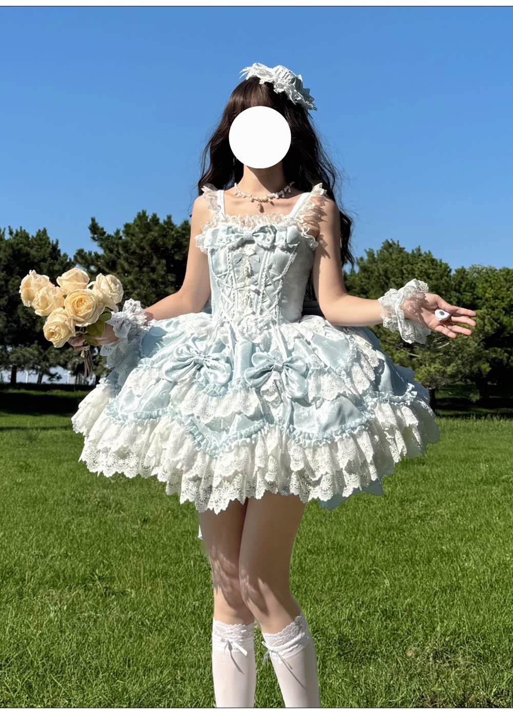 Realm of Sea Moon - Sweet Lolita Jacquard JSK, Boned Waist & Petal-shaped Hem Blue - A Pair of Cuffs Only S