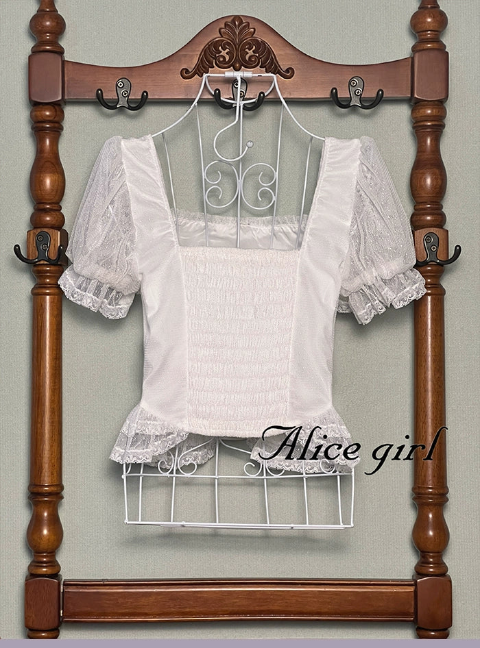 Alice girl~Yesterday Morning Mist~Classic Lolita Shirt Polka Dots Tulle Short Sleeve Blouse 41780:715128