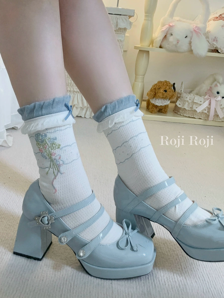 Roji Roji - Spring Floral - Sweet Cotton Lolita Ankle Socks One Size Blue