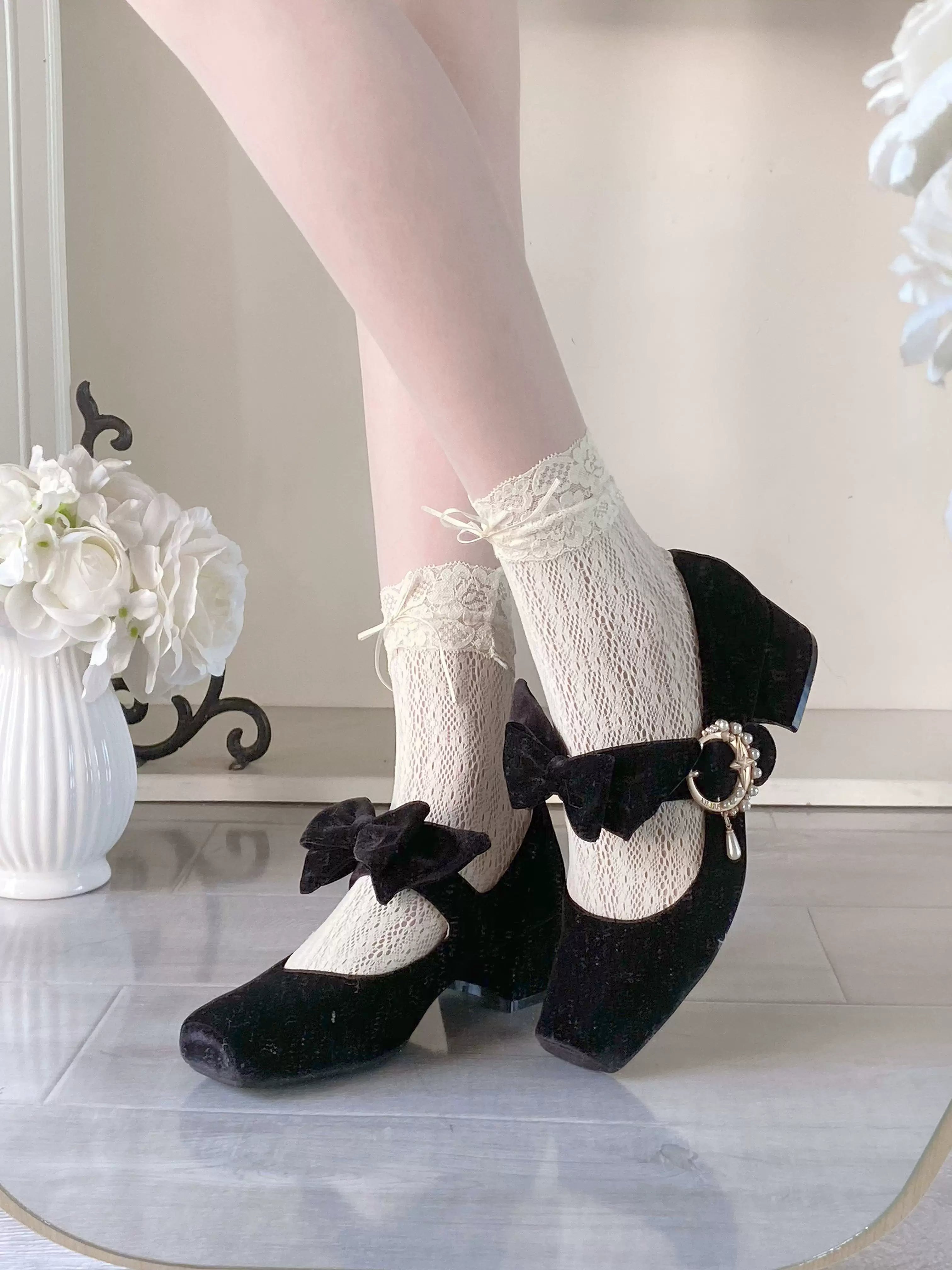 Pure tea for dream - Angel Velvet - Sweet Lolita Shoes Mid-heel Velvet Shoes 34 Black
