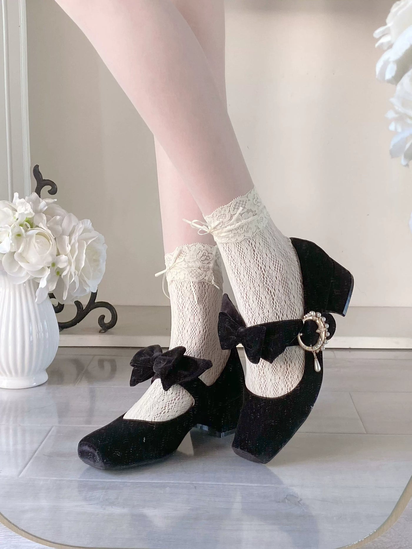 Pure tea for dream~Angel Velvet~Sweet Lolita Shoes Mid-heel Velvet Shoes 34 Black 