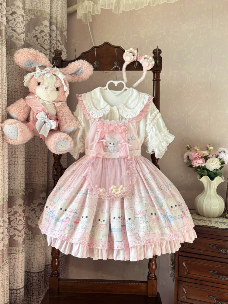 Suiyi - Meow Pompom - Sweet Lolita Salopette Dress Suit, Cat Print Pink Salopette + Apron S