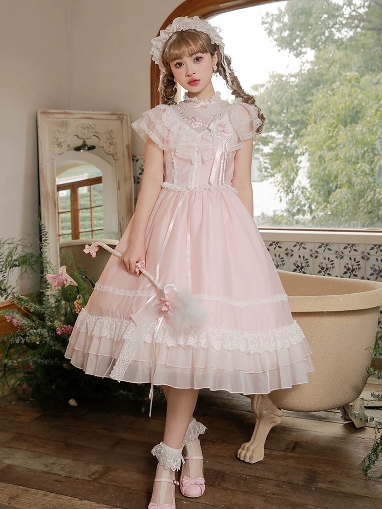 Mademoiselle Pearl~Confession under the Sakura Tree~Sweet Lolita Pink JSK and OP Dress Set   